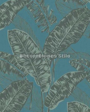 ED696C0 - Papel Pintado Vinílico Turquesa y Verde de Hojas grandes y plumas