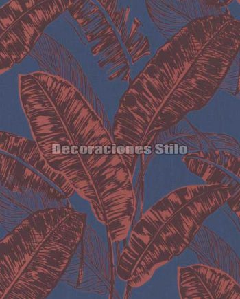 ED697C0 - Papel Pintado Vinílico Azul y Rojo de Hojas grandes y plumas