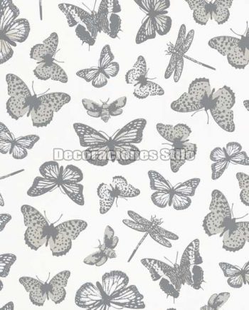 ED711C0 - Papel Pintado Vinílico Blanco y Gris de Mariposas