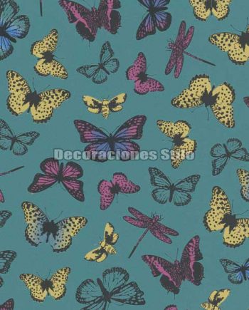 ED712C0 - Papel Pintado Vinílico Verde, Rosa, Amarillo y Negro de Mariposas