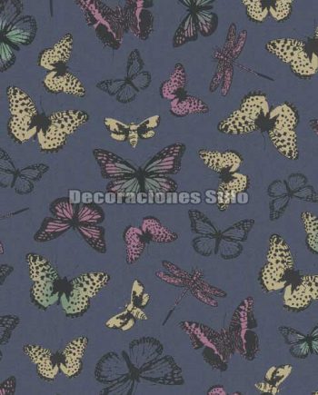 ED713C0 - Papel Pintado Vinílico Azul, Rosa, Amarillo y Negro de Mariposas