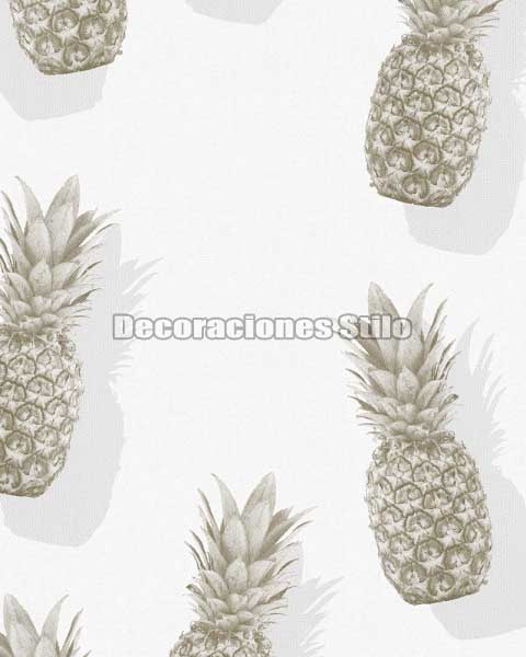 ED841C0 - Papel Pintado Vinílico Blanco, Gris y Dorado de Piñas