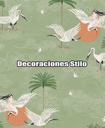 DSBAT153H3060 - Papel Pintado Cisnes Beige, Negro, Naranja y Verde Animales