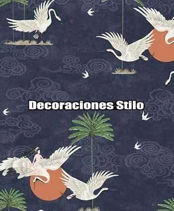 DSBAT153H3066 - Papel Pintado Cisnes Beige, Verde y Naranja Animales