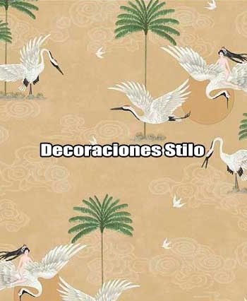 DSBAT153H3067 - Papel Pintado Cisnes Beige, Verde y Negro Animales