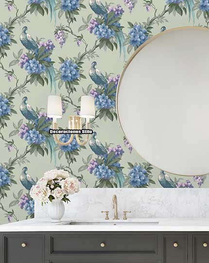 DSARCHM16LU60 - Papel Pintado Verde, Azul y Violeta - Flores y Hojas - Flores