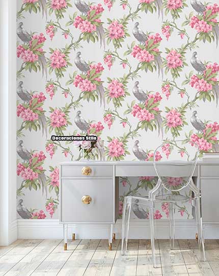 DSARCHM16LU64 - Papel Pintado Blanco, Roto, Verde, Rosa y Gris - Flores y Hojas - Flores