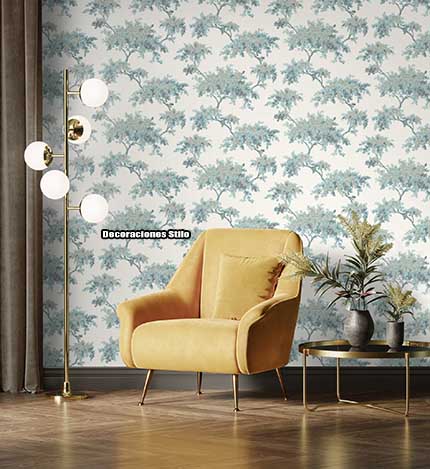 DSARCHM16LU73 - Papel Pintado Blanco, Roto, Turquesa y Plateado - Árboles - Hojas