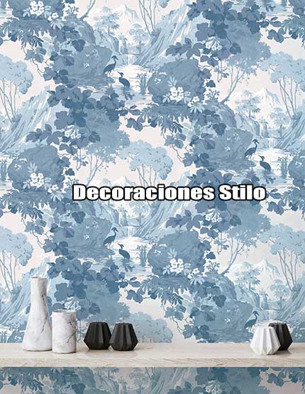 DSARCHM16LU75 - Papel Pintado Blanco y Azul - Paisaje y Hojas - Hojas