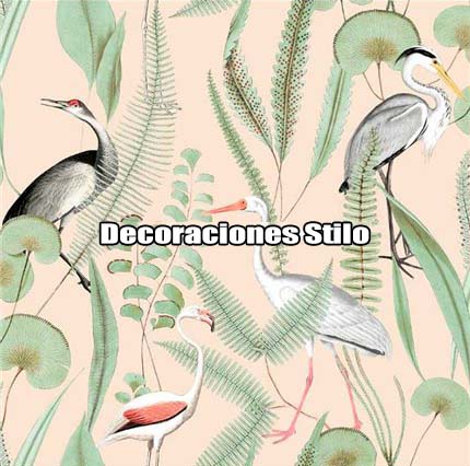 DSARU810L1 - Papel Pintado Animales Blanco Roto, Verde y Amarillo Aves y Hojas