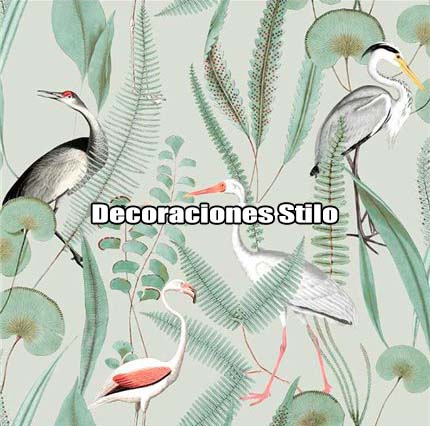 DSARU810L2 - Papel Pintado Animales Blanco Roto, Verde y Gris Aves y Hojas