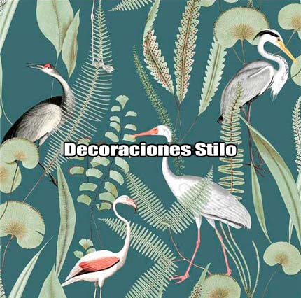 DSARU810L3 - Papel Pintado Animales Blanco Roto, Verde y Gris Aves y Hojas