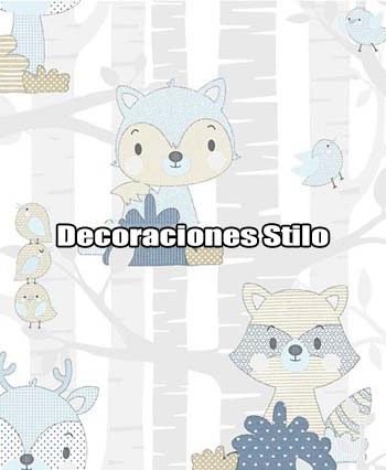 DSBAB161I3011 - Papel Pintado Infantil Blanco Roto, Azul, Beige y Blanco Hueso Animales