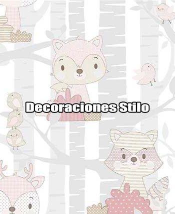DSBAB161I3012 - Papel Pintado Infantil Blanco Roto, Beige, Rosa y Blanco Hueso Animales