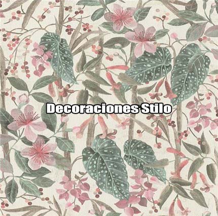 DSMAD031L - Papel Pintado Flores Verde, Marron, Rosa y Beige
