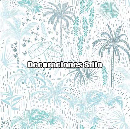 DSPOP14 - Papel Pintado Hojas Azul, Verde, Gris y Blanco Hueso Ramas