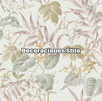 DSTHE288L55 - Papel Pintado Hojas Verde, Morado y Beige