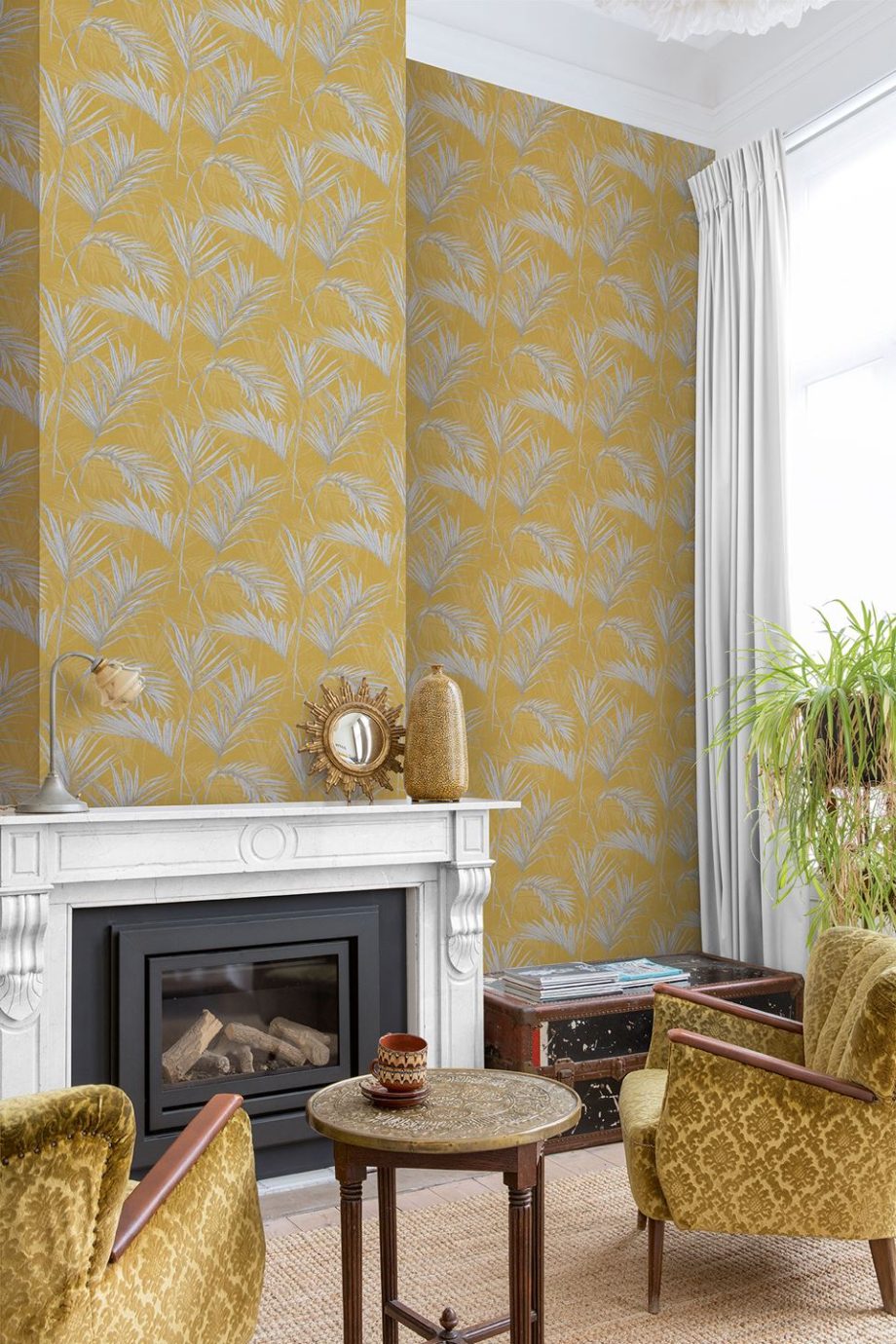 ¡Stock Disponible! Papel Pintado Hojas Gris y Amarillo Mostaza - Calidad Vinílica.