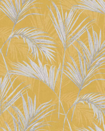 Papel Pintado Hojas Gris fondo Amarillo Mostaza. Diseño vinílico lavable de GrandecoLife, ideal para decoración de salón o dormitorio.