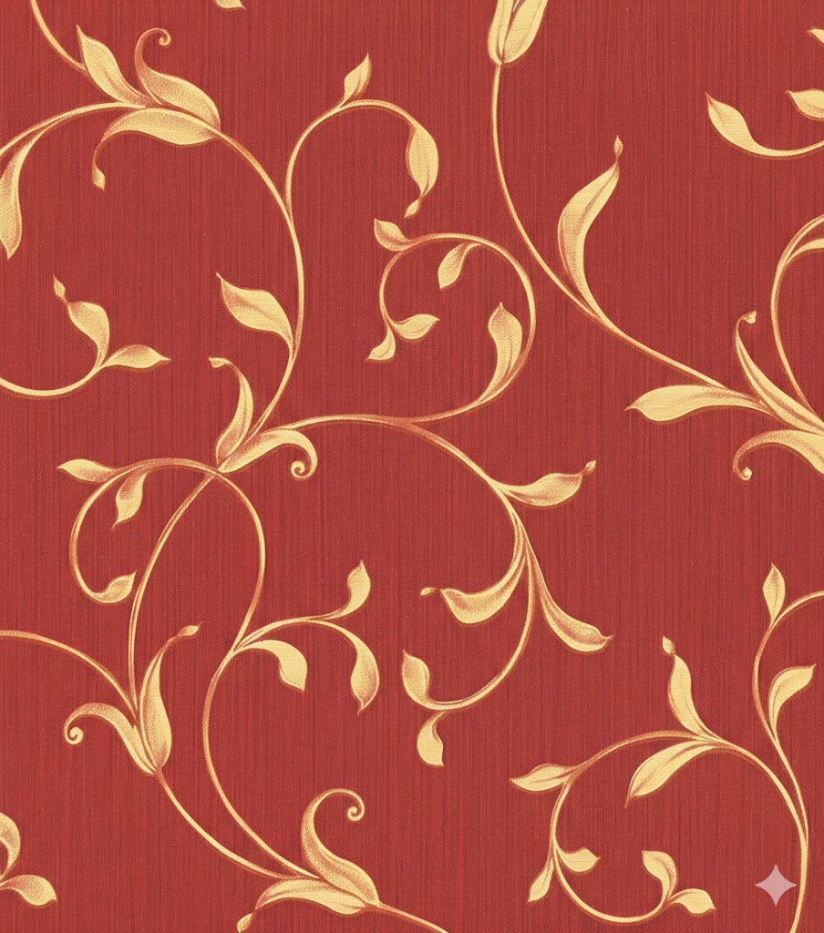 Papel pintado Neapolis 91705 con diseño floral naranja sobre fondo granate.