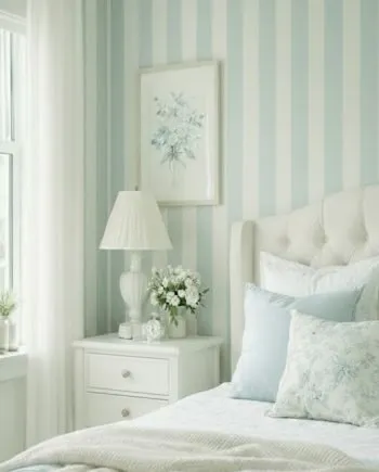 Papel pintado de rayas gris turquesa con ligero brillo satinado en pared de dormitorio