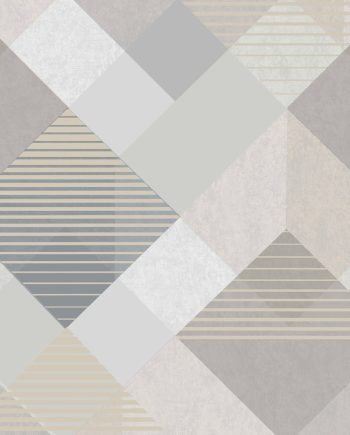 Papel pintado con diseño geométrico abstracto de rombos, cuadrados y triángulos en tonos grises, beige y líneas metalizadas color champán.2