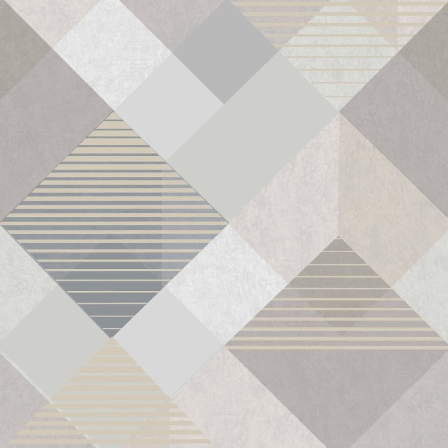 Papel pintado con diseño geométrico abstracto de rombos, cuadrados y triángulos en tonos grises, beige y líneas metalizadas color champán.2