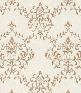 Primer plano del papel pintado clásico Neapolis 93008 con textura de damascos barrocos en tonos dorados sobre fondo crema.